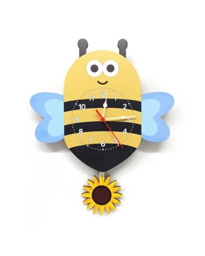 Swinging Pendulum Wooden Bee Flower Kids Room Wall Clock