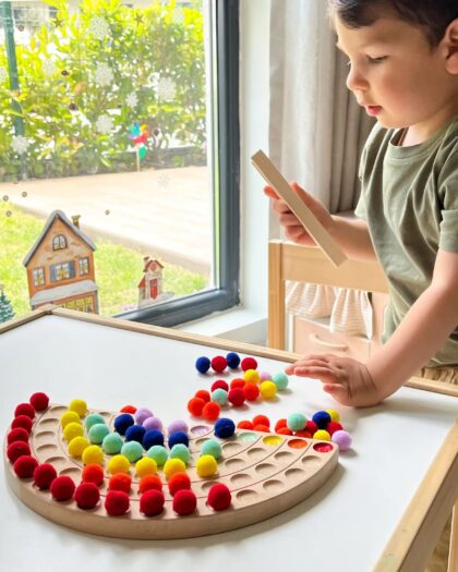 ontessori Educational Wooden Toy – Wooden Rainbow and Colorful  Balls