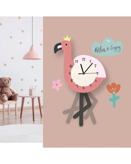Swinging Pendulum Flamingo Patterned Children's Room Wall Clock