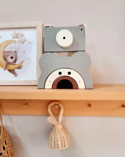 Teddy Bear Waldorf Wooden Toy Decor and Wooden Camera