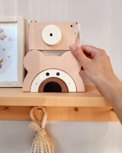 Teddy Bear Waldorf Wooden Toy Decor and Wooden Camera