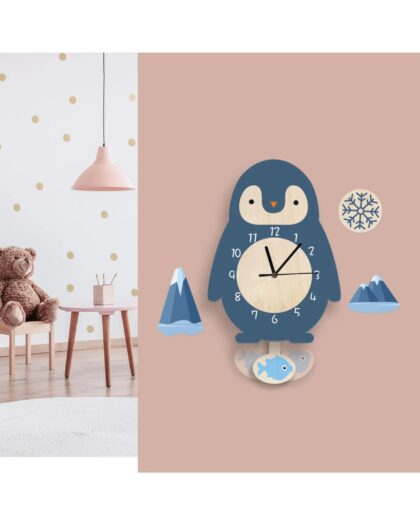 Swinging Pendulum Penguin Patterned Children's Room Wall Clock