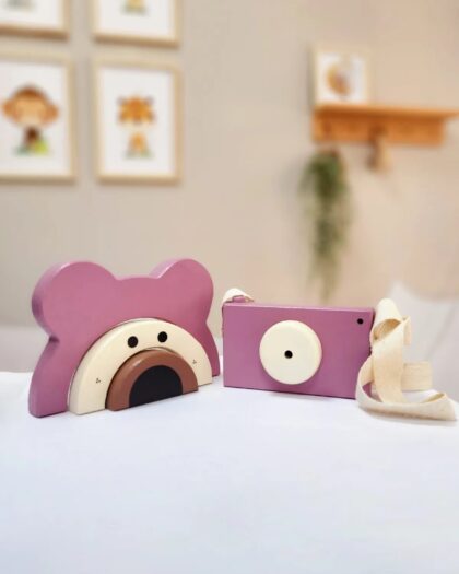 Teddy Bear Waldorf Wooden Toy Decor and Wooden Camera