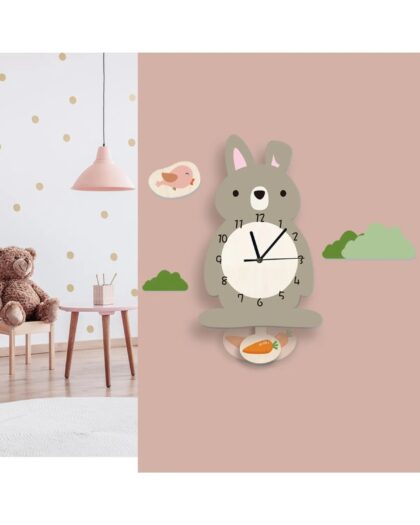 Swinging Pendulum Rabbit Patterned Children's Room Wall Clock