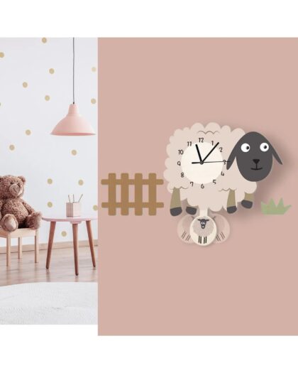 Cute Lamb Kids Wall Clock with Swinging Wooden Pendulum