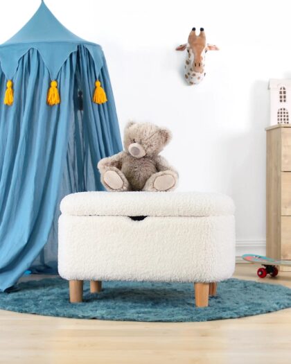 Children's Pouf with Storage - White Teddy